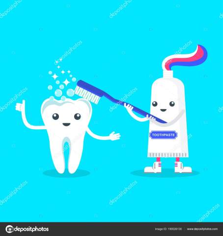 Cute happy smiling toothpaste rubs tooth with toothbrush. Flat vector cartoon character illustration. Care of teeth. Dental concept for children dentistry. Prevention of diseases of oral cavity.